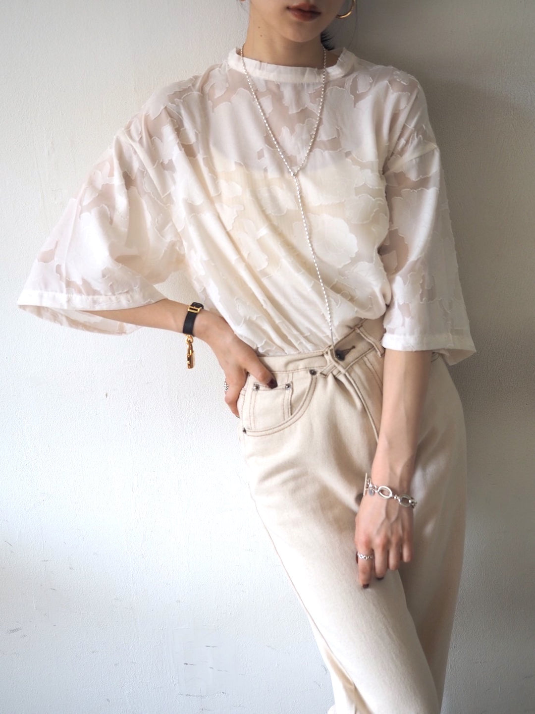 【預訂】透明提花半袖上衣/象牙色