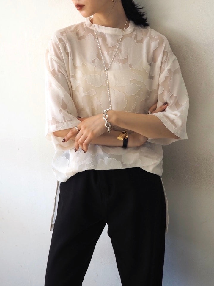 【預訂】透明提花半袖上衣/象牙色