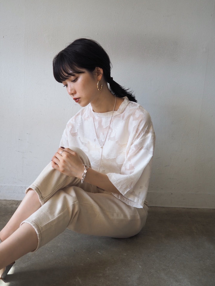 【預訂】透明提花半袖上衣/象牙色