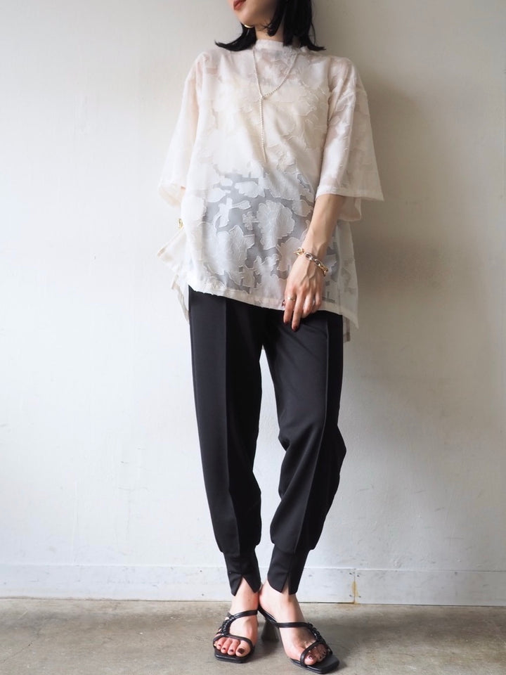 【預訂】透明提花半袖上衣/象牙色