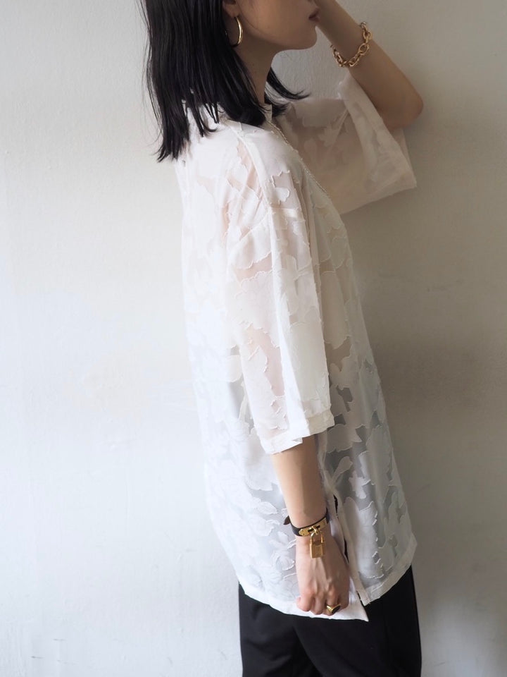【預訂】透明提花半袖上衣/象牙色