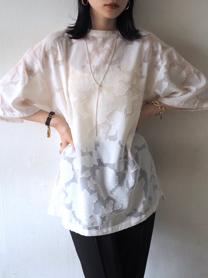 【預訂】透明提花半袖上衣/象牙色