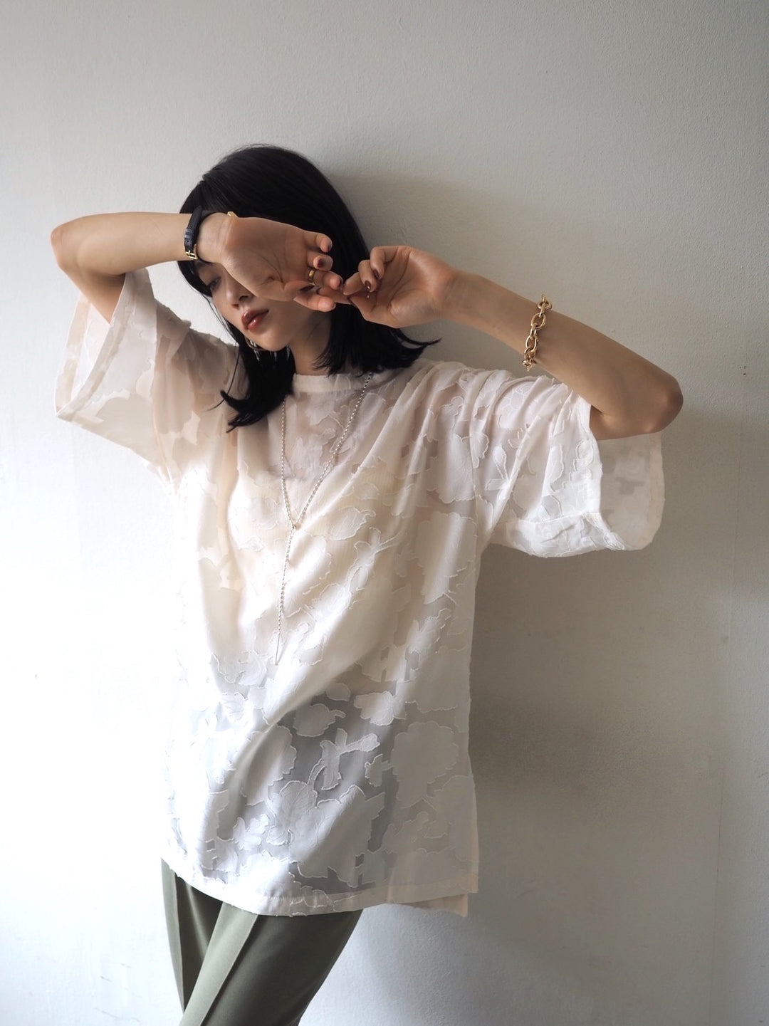 【預訂】透明提花半袖上衣/象牙色