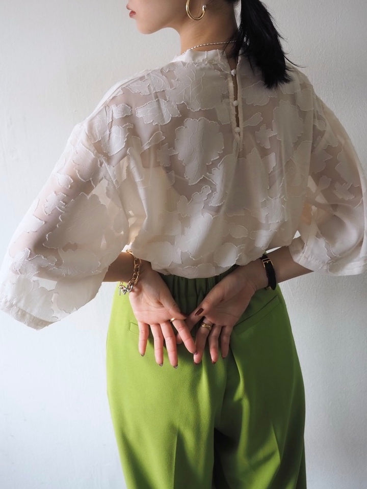 【預訂】透明提花半袖上衣/象牙色