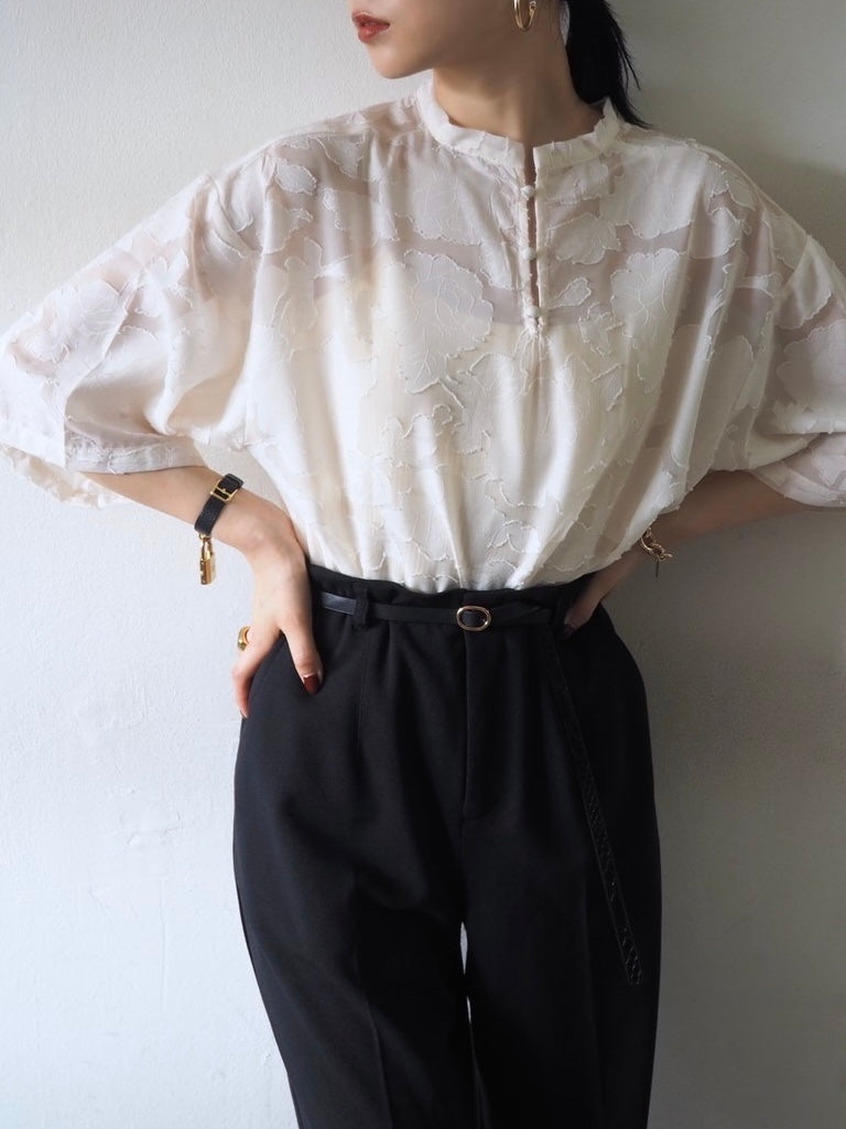 【預訂】透明提花半袖上衣/象牙色