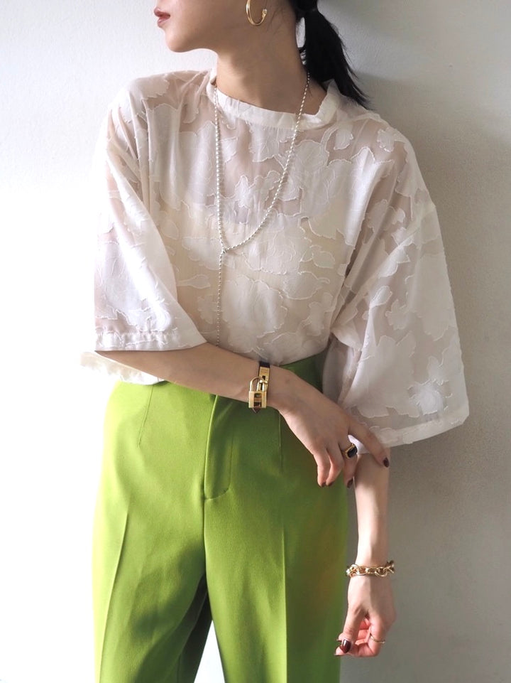 【預訂】透明提花半袖上衣/象牙色