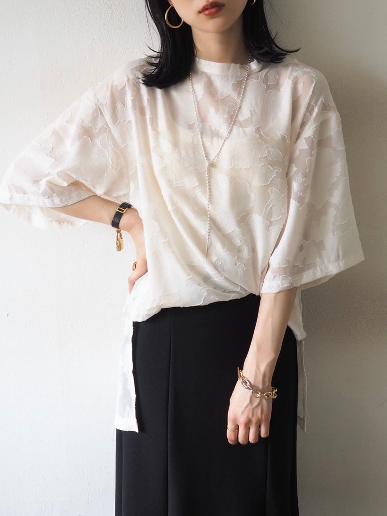 【預訂】透明提花半袖上衣/象牙色