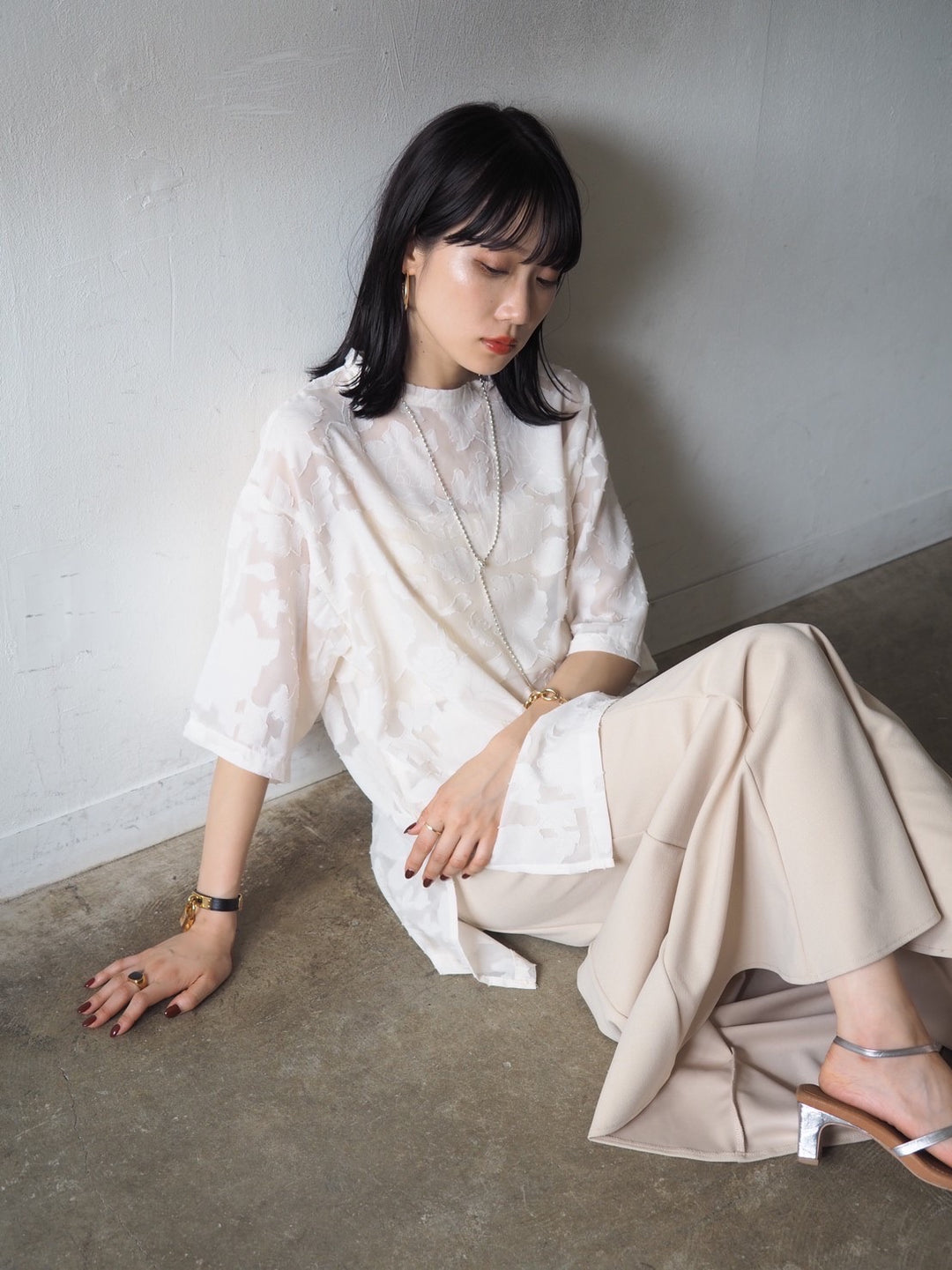 【預訂】透明提花半袖上衣/象牙色
