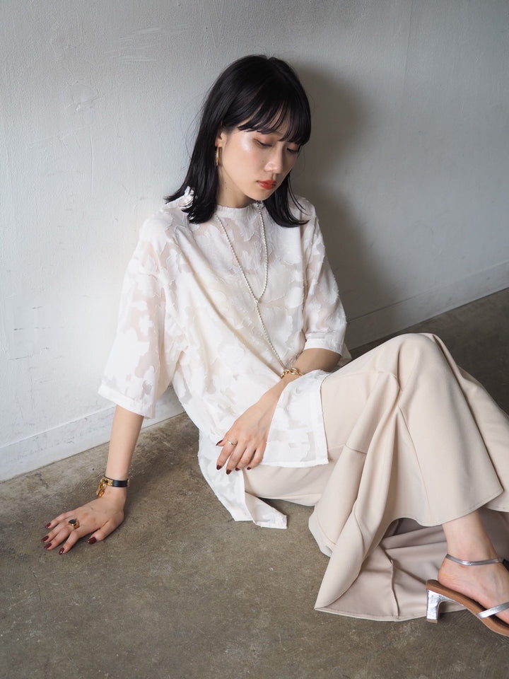 【預訂】透明提花半袖上衣/象牙色