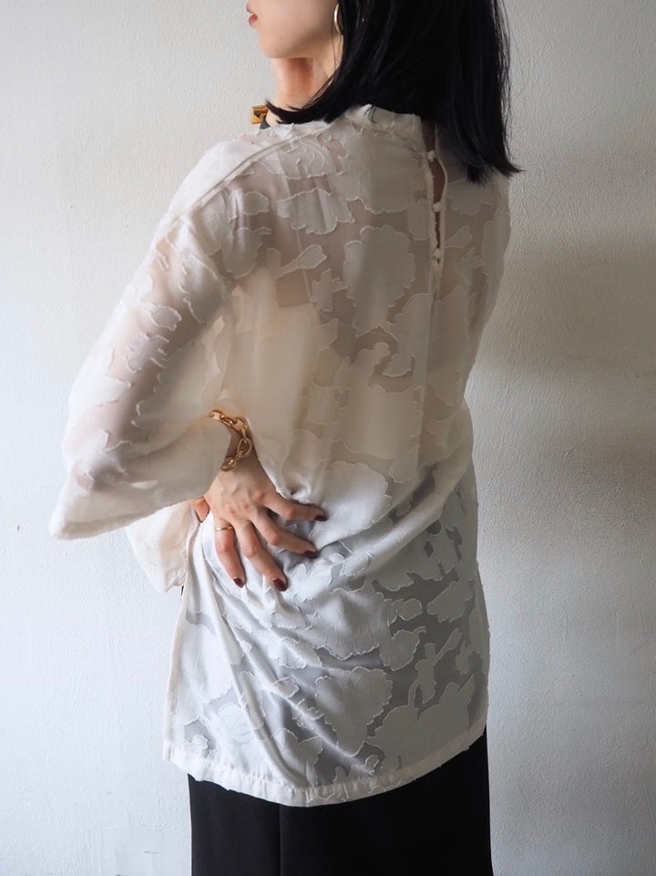 【預訂】透明提花半袖上衣/象牙色