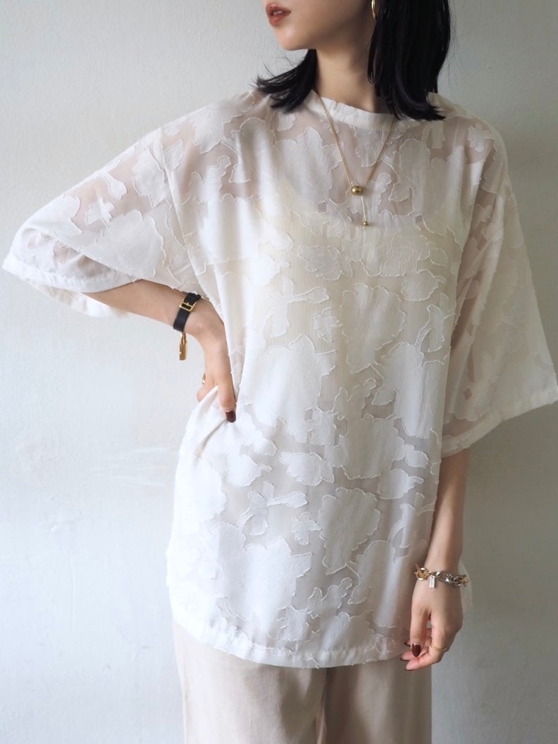 【預訂】透明提花半袖上衣/象牙色