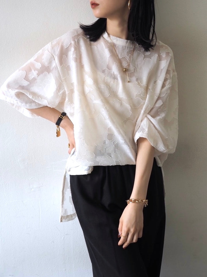 【預訂】透明提花半袖上衣/象牙色