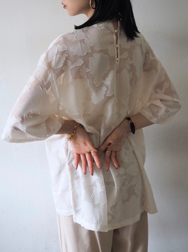 【預訂】透明提花半袖上衣/象牙色