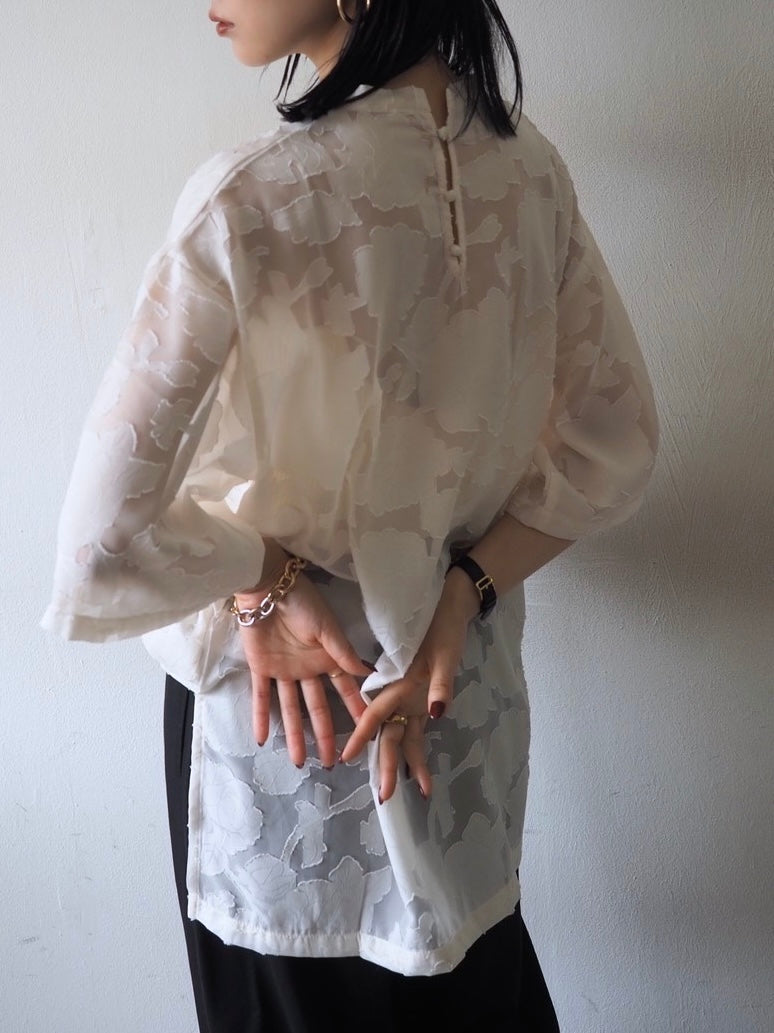 【預訂】透明提花半袖上衣/象牙色