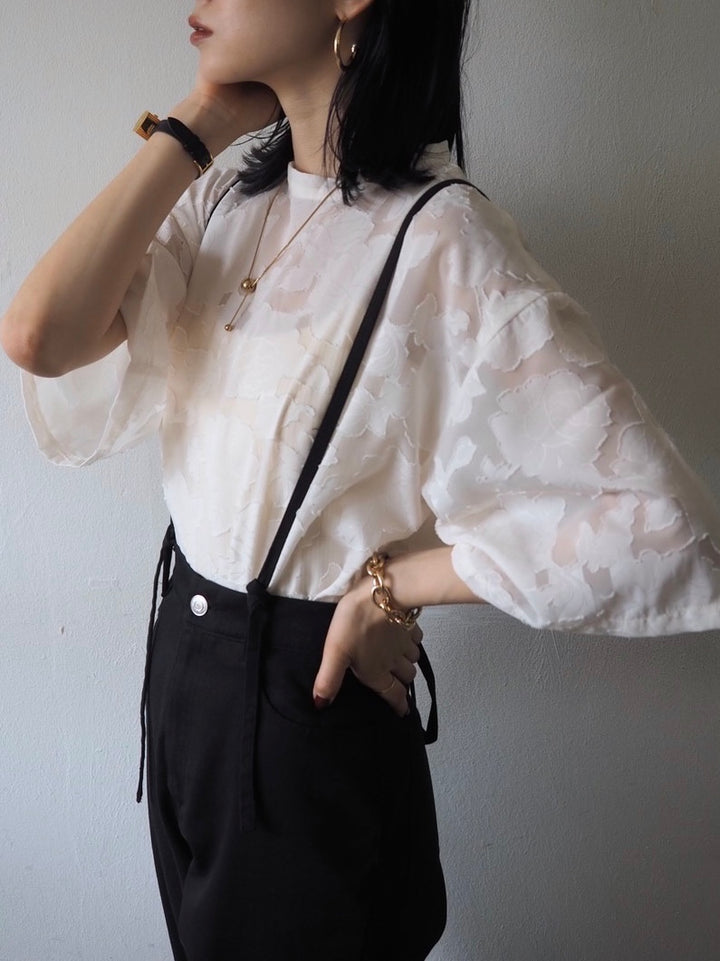 【預訂】透明提花半袖上衣/象牙色