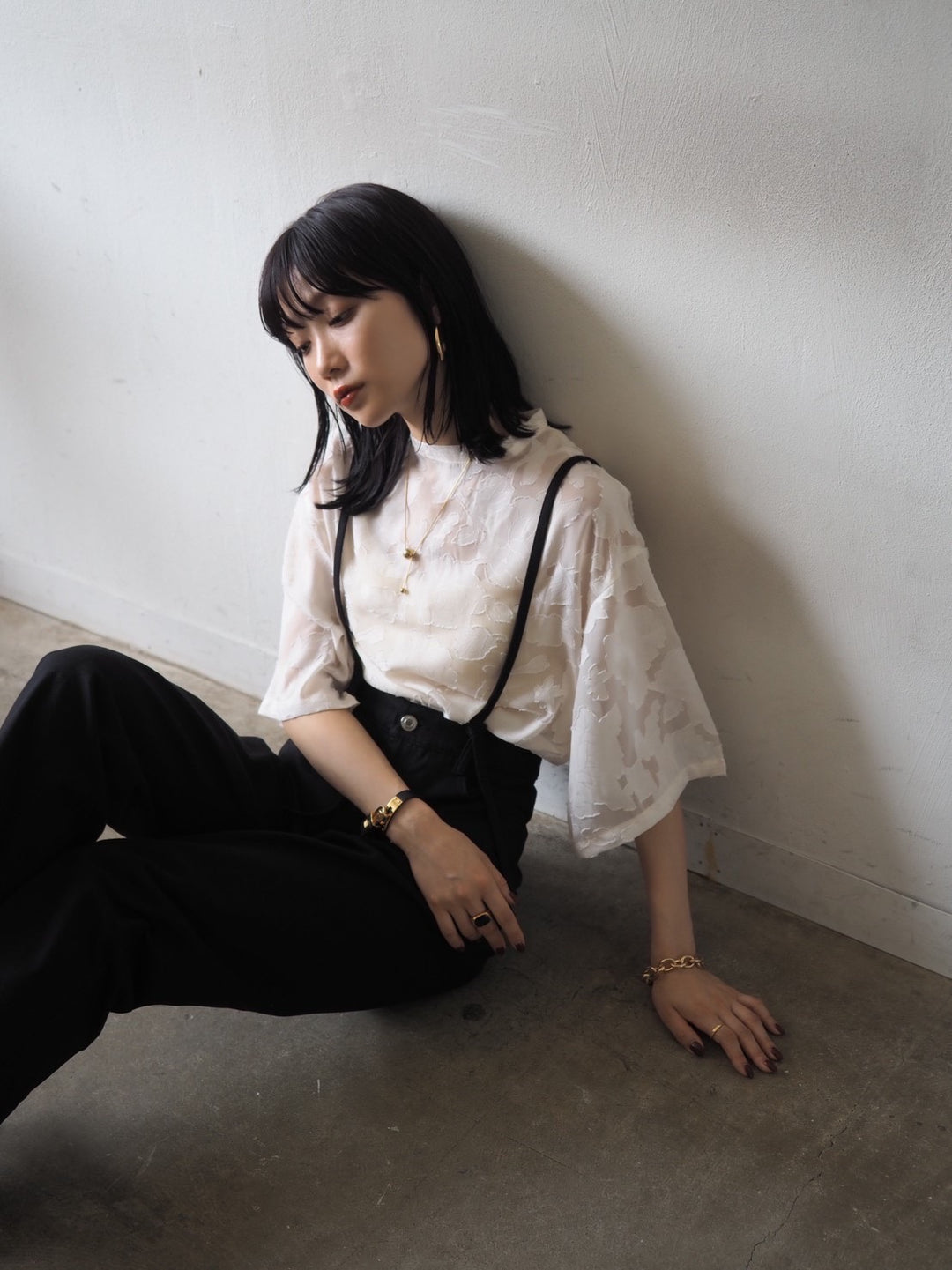 【預訂】透明提花半袖上衣/象牙色