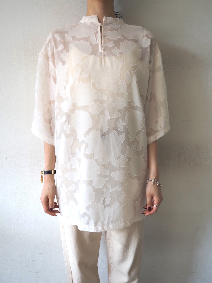 【預訂】透明提花半袖上衣/象牙色